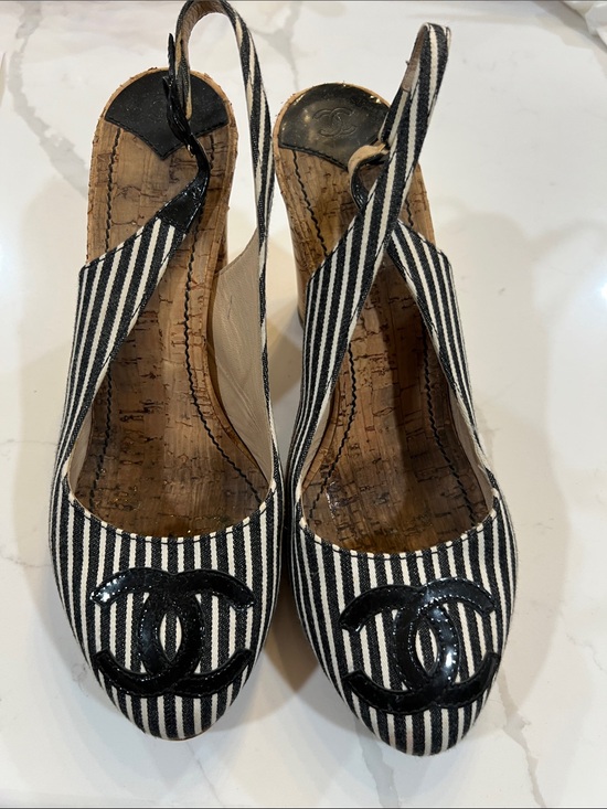 CHANEL Shoes - CHANEL Black and White Striped Slingback Wedges